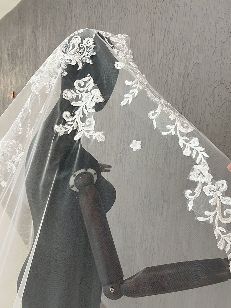Modern Appliques Wedding Veil Lace One Layer Cathedral Length Bride Veils With Comb High Quality Customized velo de novia