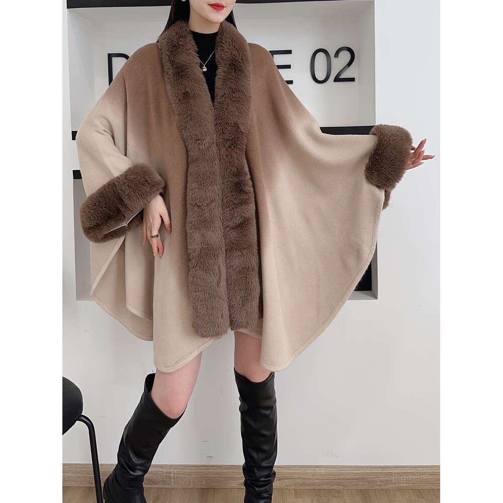 Women's Oversized Korean Fashion Winter - Collar Gradient Grey/Black Cape Cloak With Plush Trim, Wrap Shawl Mantle & Elegant Casual Or Formal Eve