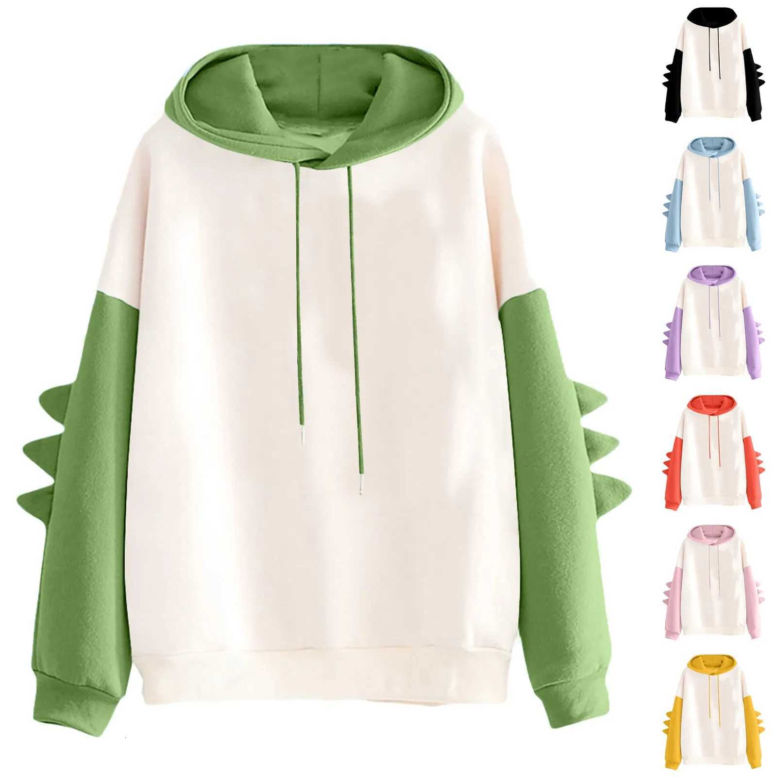 Winter Casual Hoodie Cartoon Dinosaur Color Block Pullover Tops Men Women Loose Long Sleeve Sweatshirt Holiday GiftT251105