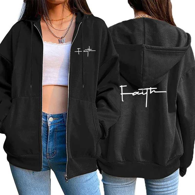 Womens zipper cardigan jacket printed casual hooded sweatshirt sports jogging wear high-quality versatile street jacketT251105