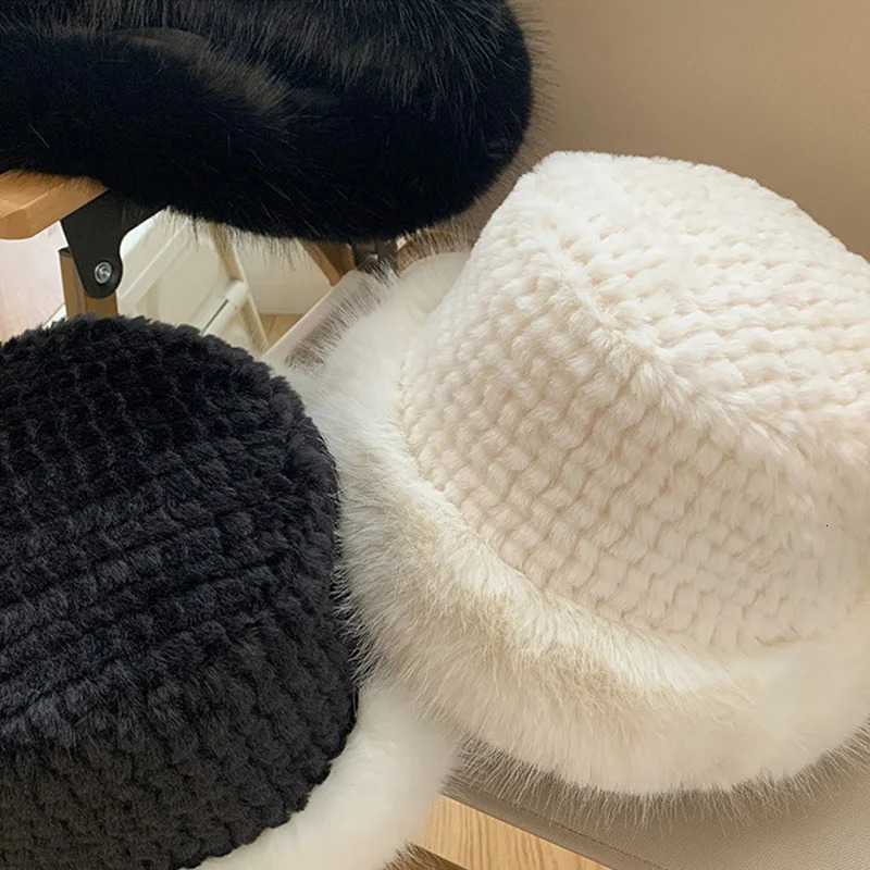 Classical Black White Fluffy Fur Women Bucket Hat Winter Thicken Plush Warm Mongolian Cap JK Korean Cold-proof Furry Basin Caps 251105