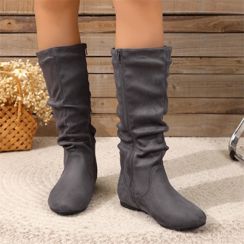 Mid-calf Womens Boots Winter Platform Flat Shoes for Women Fashion Side Zipper Female Vintage Casual Ladies Riding Boot 251104