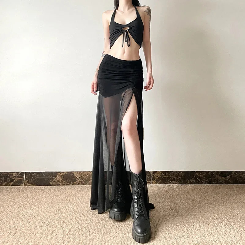 Vintage Dark Gothic High Waist Mesh Patchwrok Mid Skirts Y2K Sexy Hem Split Ruched Bodycon Skirts E- Y2K Streetwear 250402