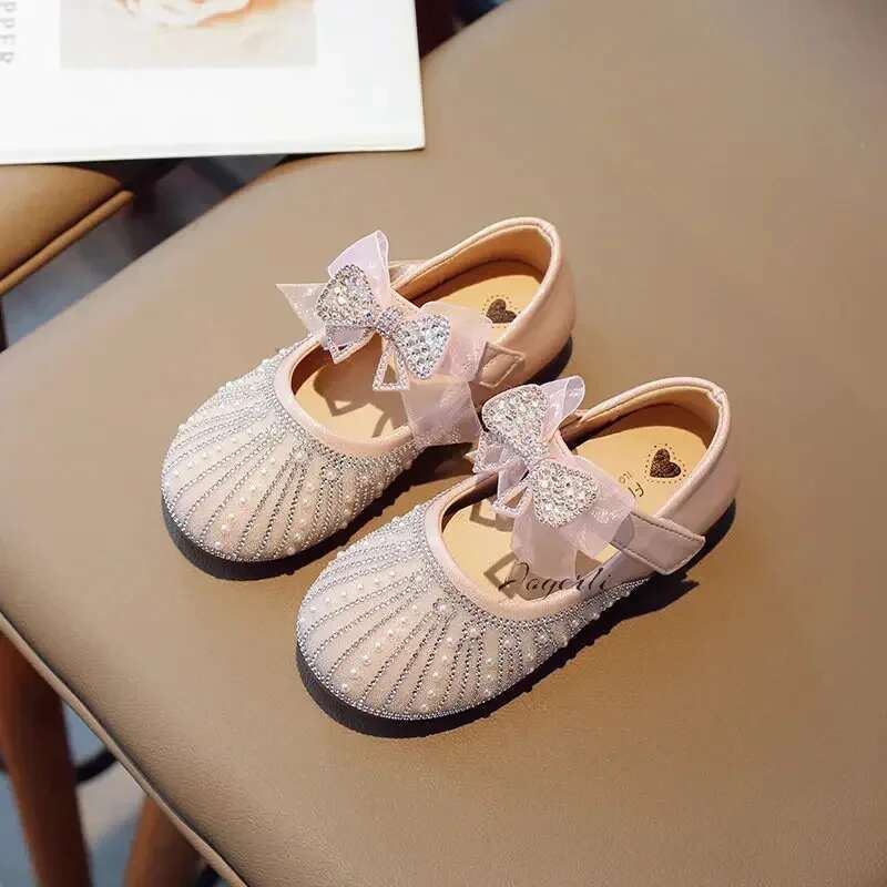 2025 Summer New Children's Girls' Princess Shoes Soft soled Leather School Student Designer Fashion Flat Shoes Children's Crystal Shoes