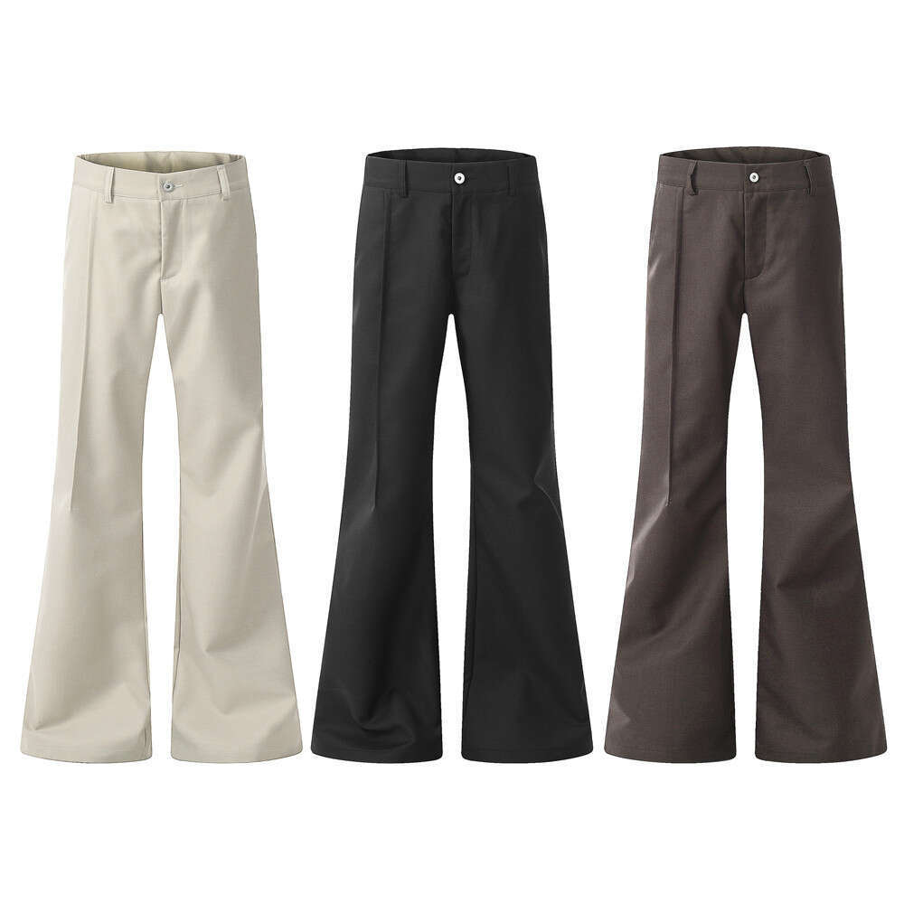 American Style Hippie Flared Casual Trousers for Men High Street Trendy Wrinkle-Free Design Solid Color Wide-Leg Loose Long Pants