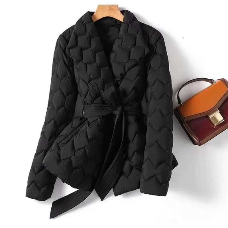 Lightweight Down Jacket With Belt Women Elegant Tie Belt Long Cotton White Duck Down Parka Female Ladies Jackets Winter CoatsT251105