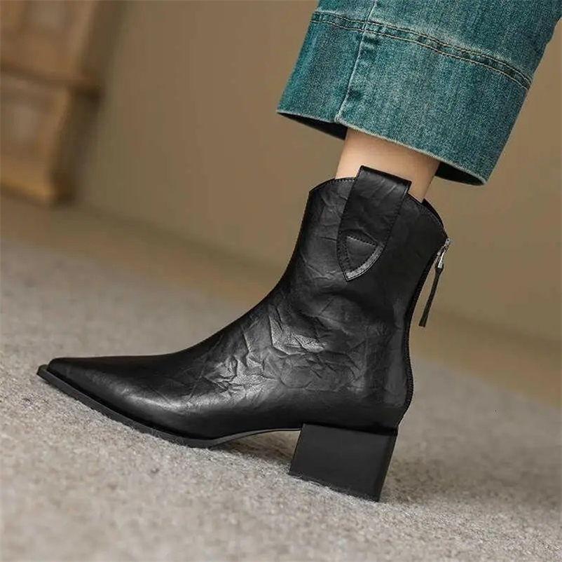 Pointed Toe Women Western Cowgirl Boots Fashion Slip on Chelsea Booties Retro Style Autumn Female Thick Heel Shoes Heel 5CM 251104
