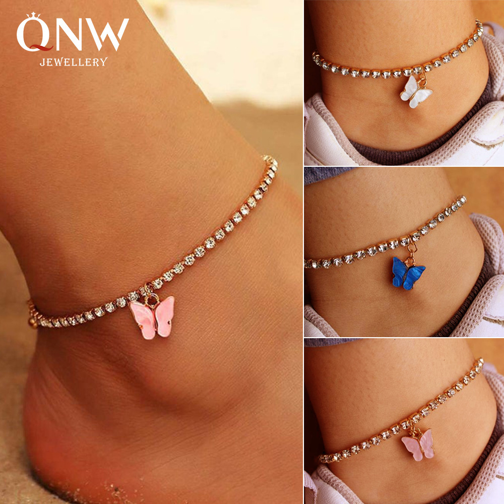 New Creative Shiny Rhinestone Anklet Ins Style Simple Butterfly Pendant Women Trendy Beach Foot Jewelry