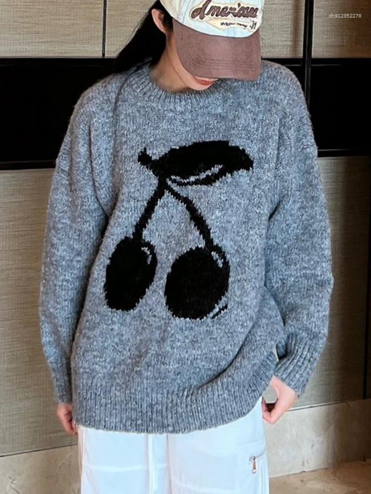Women's Sweaters Thickened Cherry Knit Sweater Loose Crewneck Lazy Style Top Focused Autumn Winter Fashion