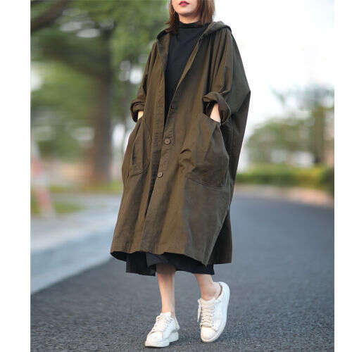 Loose Plus Size Batwing Sleeve Over-The-Knee Long Coat With Large Pockets For Women, Hooded Commuter Spring And Autumn Casual Overcoat B5