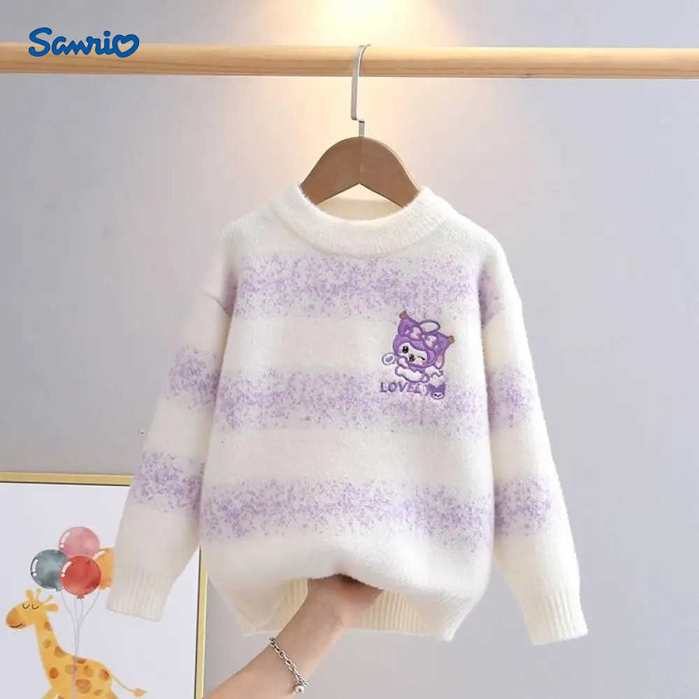 Sanrio Kuromi Girls Knitted Sweater Gradient Stripes Base New Style Kawaii Autumn Winter Childrens Pullover Cartoon Tops Coats H251105