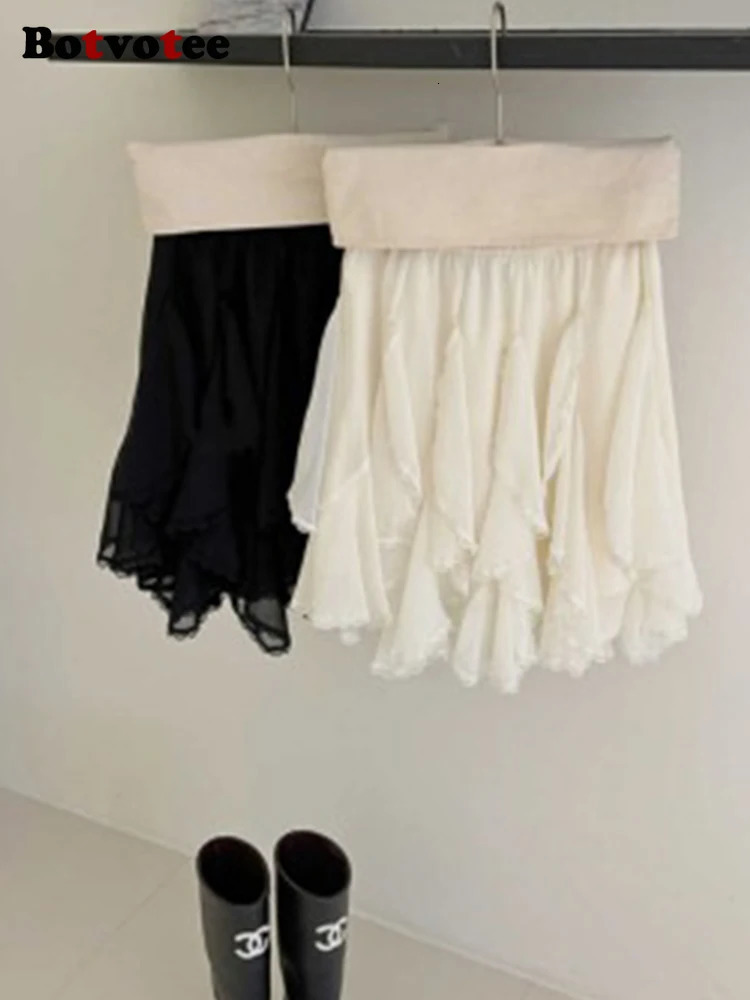 Botvotee Irregular Lace Mini Sexy Skirts for Women 2025 Fashion Streetwear High Waisted Elastic Band Y2k Short Skirt 250402