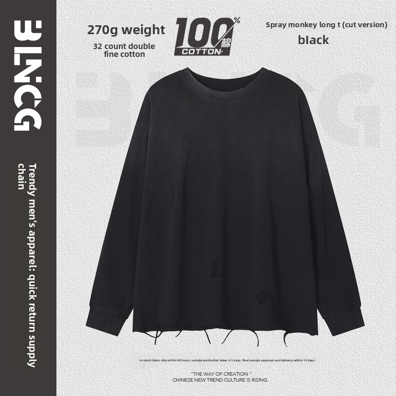 BLNCG Unisex Solid Color Long Sleeve T-Shirt, Distressed Design, Loose Retro Street Style, Oversize Fit, 100% Cotton Vintage Casual Top-KFGP-303