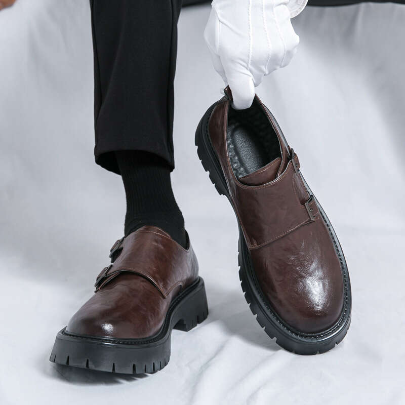 Large men's hand grip pattern big toe 2024 spring and autumn buckle thick soled high rise British suit leather shoes