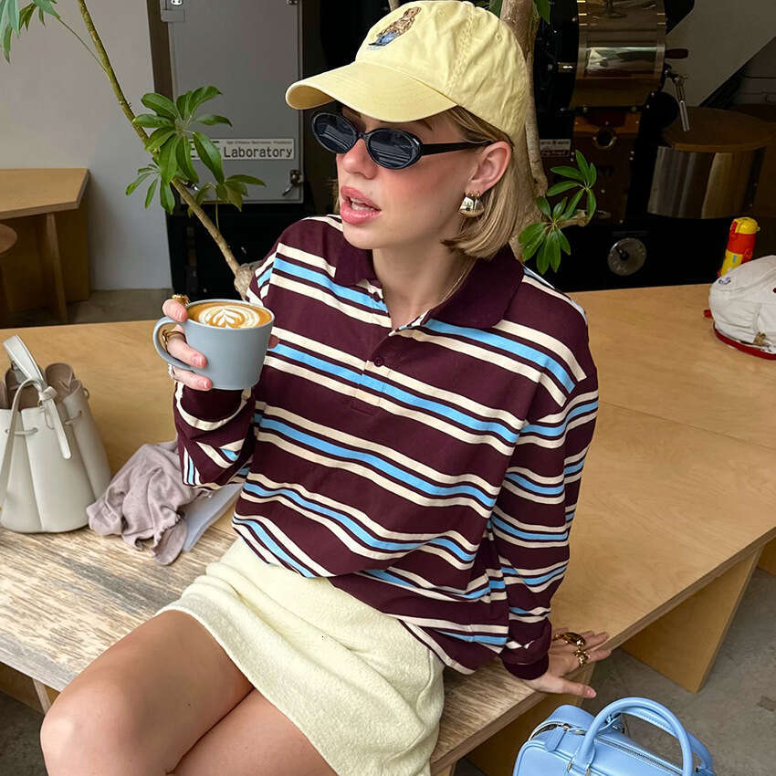 Summer New Loose Polo Collar Striped Long Sleeve Women's T-Shirt Design Sense Elegant Casual 2025 Cross-Border Commuting