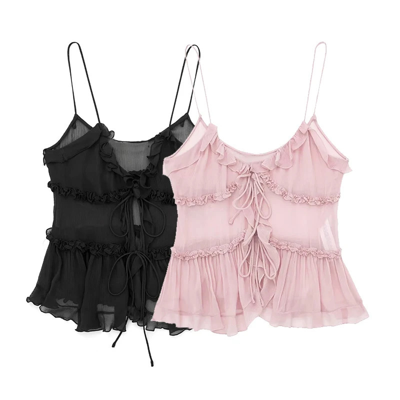 Willshela womens fashionable white pleated backless bow lace cut top retro thin shoulder strap V-neck womens fashionable womens cut top 250403