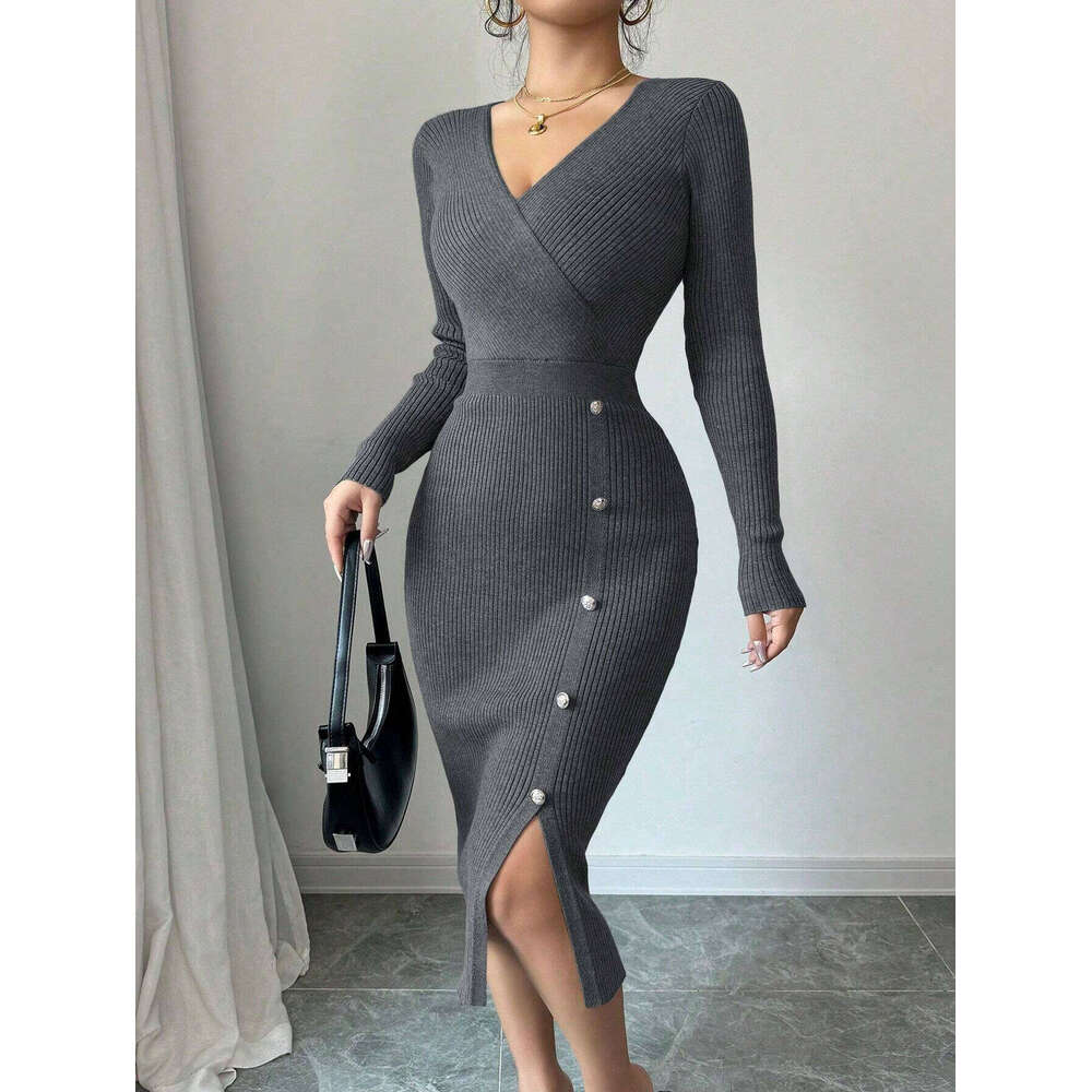 2025 French Style Autumn Winter Waist-Cinching Mid-Length Bodycon Inner Layer Tight Knitted Dress