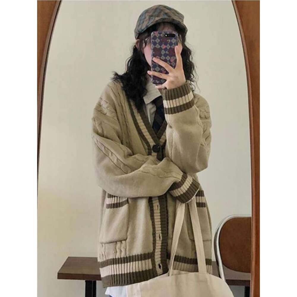 Spring Autumn New Color-Block Cardigan Sweater For Women And Men Japanese Retro Lazy Style BF Loose Warm Knitted Jacket B5