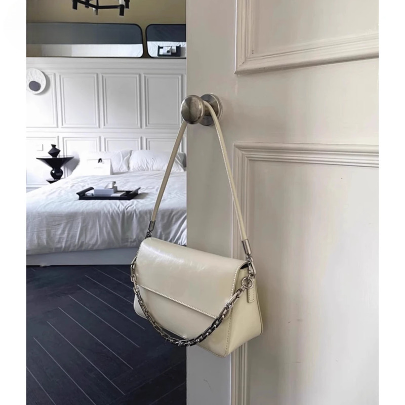 2025 New Spring Beige Color Chain Design Crossbody Glossy Cow Leather Women Messenger Bag 2 Straps Daily-Use Purse