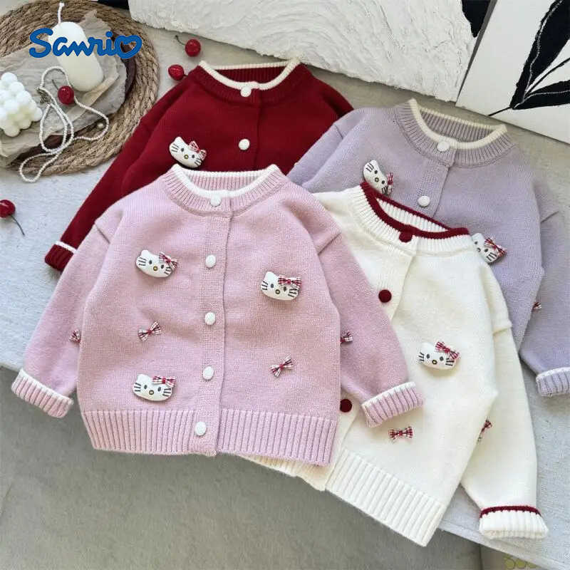 Sanrio Hello Kitty Kids Sweater Girl Cartoon Kawaii Fashion Cardigan Bow Knit Sweet Coat Spring Autumn Clothes Girls Gift New H251105