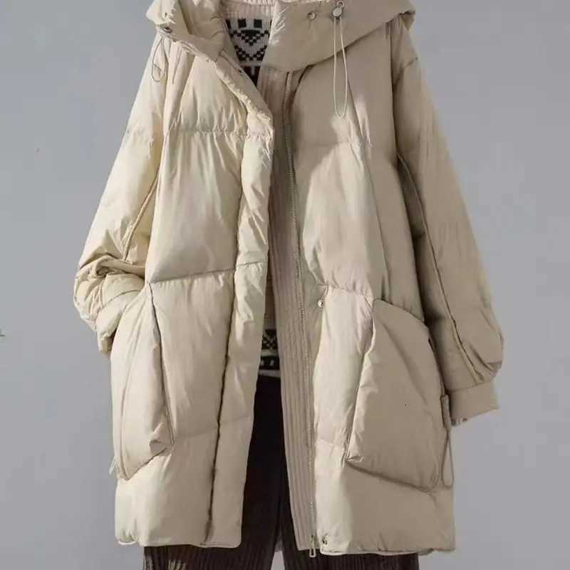 2024 New Winter Women 90 White Duck Down Jacket Casual Loose Over Size Warm Parka Female Drawstring Hooded Puffer CoatT251105