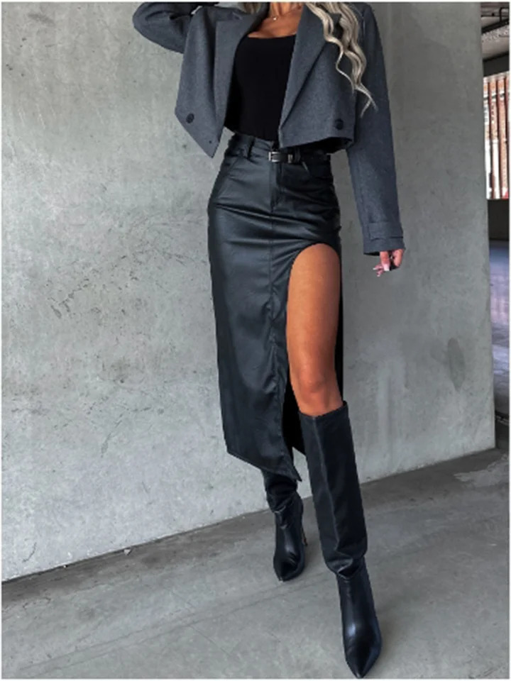 Womens sexy black slit skirt slim hip street party fashionable punk autumn 250324