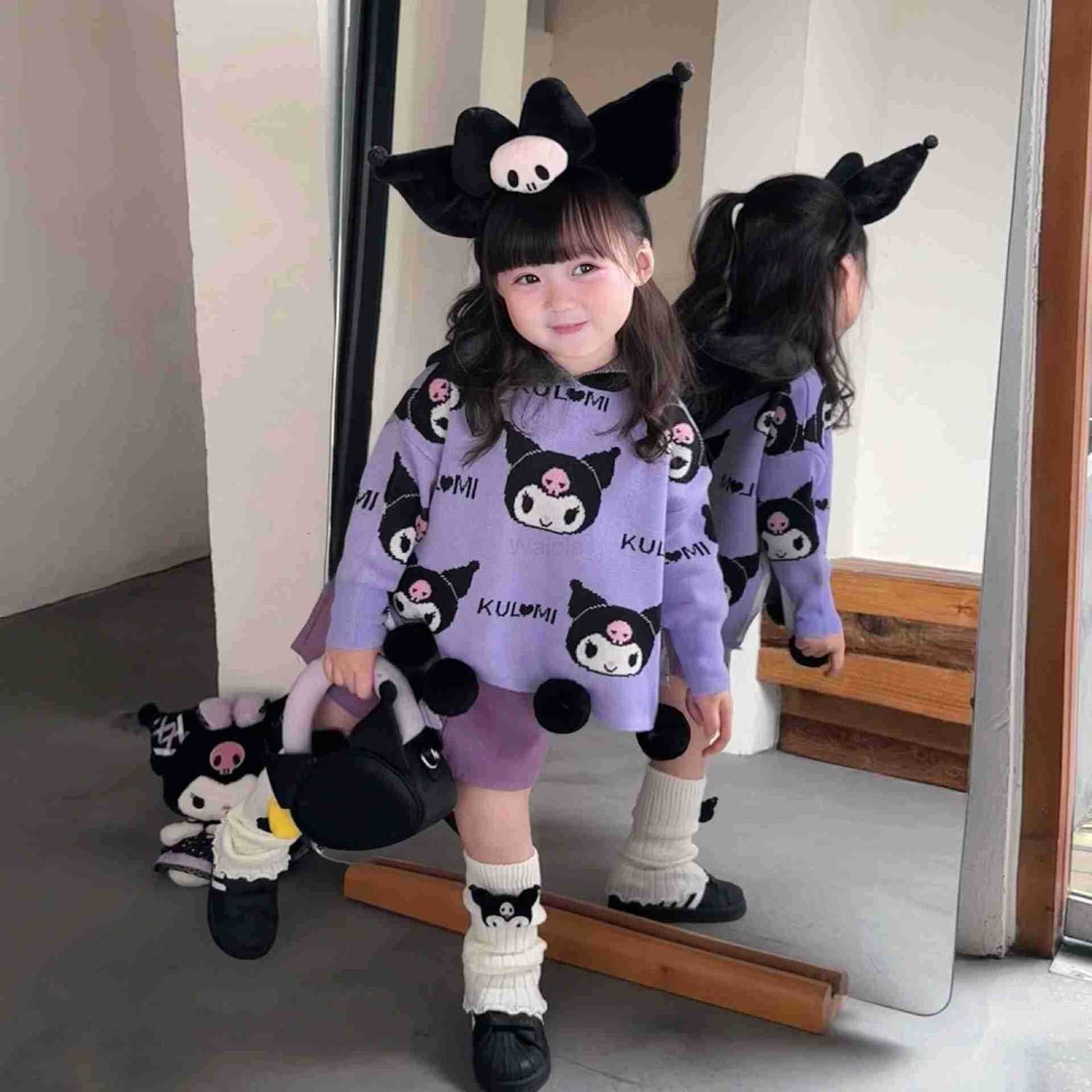 Sanrio Kuromi My Melody 2025 Autumn Winter Girls Knitted Cape Stylish Hooded Childrens Cartoon Cute Sweater Top H251105