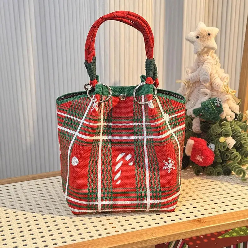 Cartoon Reindeer Santa Claus Knitted Bucket Bag For Women Fashion Large Capacity Portable Handbag Christmas Knitted Gift Bag 251104