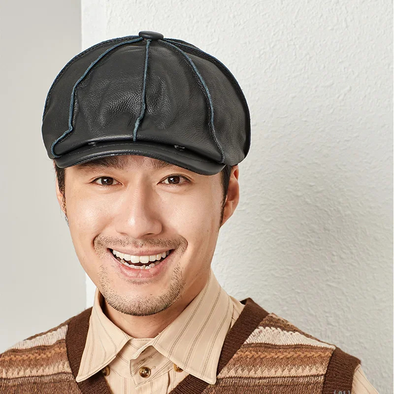 Casquette Genuine Leather Beret Hat Winter Mens Cowhide Leather Elegant Fashion Student Tongue Cap Caps For Driver 251104