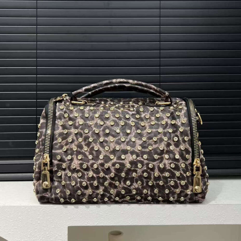 Ladies Fashion Elegant Nylon Tote Bag, Leopard Print, Full Dia Round Cylinder, Handmade Rhinestone, Boston Elegant, Single Shoulder, Brown, With Remov