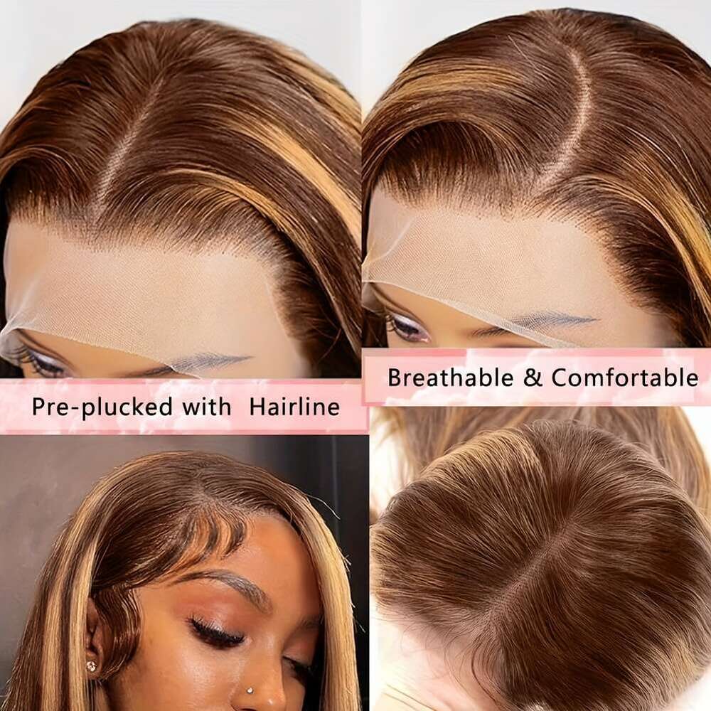 250% Density Ombre 4/27 Honey Blonde 13X4 HD Lace Front Wigs Human Hair For Women Highlight Short Glueless Straight Bob Wig, Versatile Hairpiece