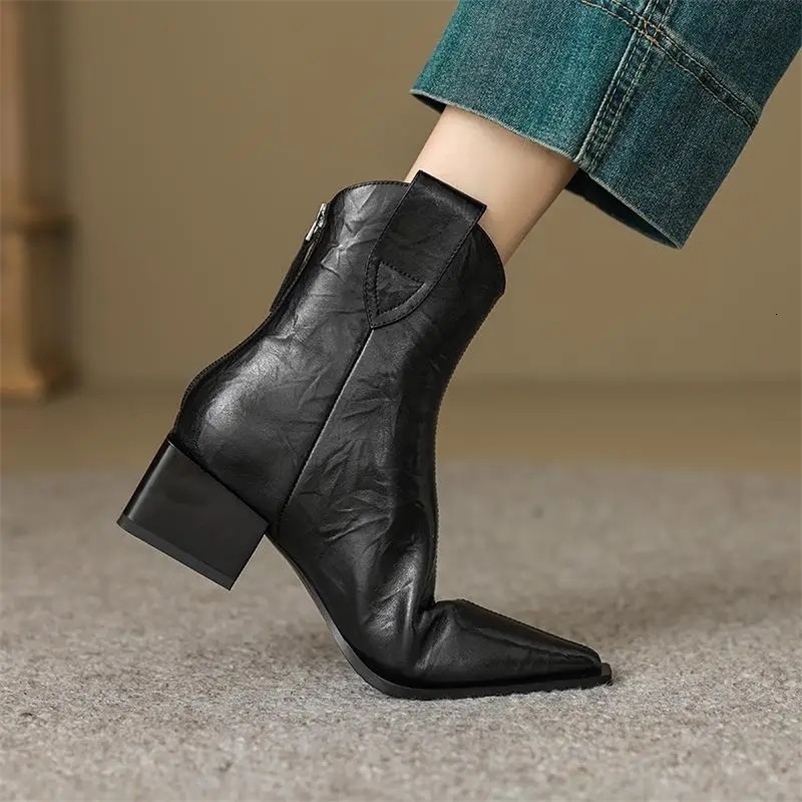 Pointed Toe Women Western Cowgirl Boots Fashion Slip on Chelsea Booties Retro Style Autumn Female Thick Heel Shoes Heel 5CM 251104