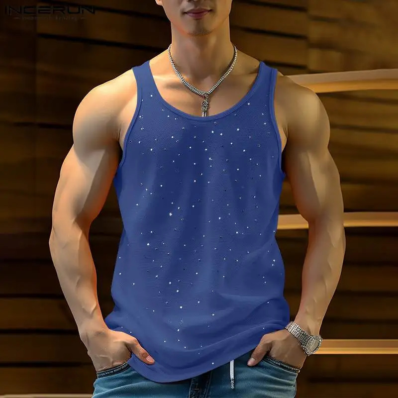 Mens Tank Top Shining sequins O-neck sleeveless summer fashion casual vest fitness streetwear mens clothing S-5XL INCERUN 250402