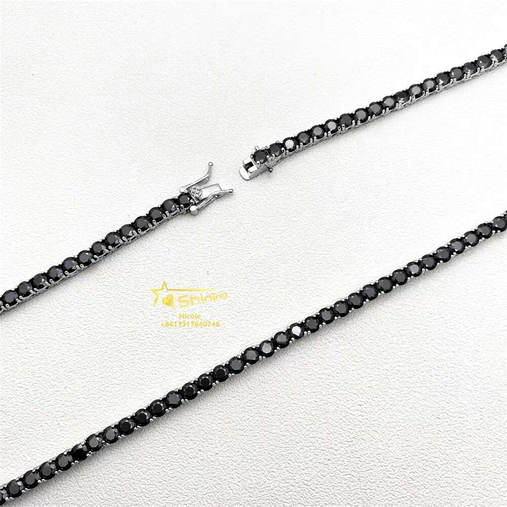 Pass Dia Tester Gra Certificate Sterling Sier Hip Hop Necklace 3mm 4mm Black Moissanite Tennis Chain
