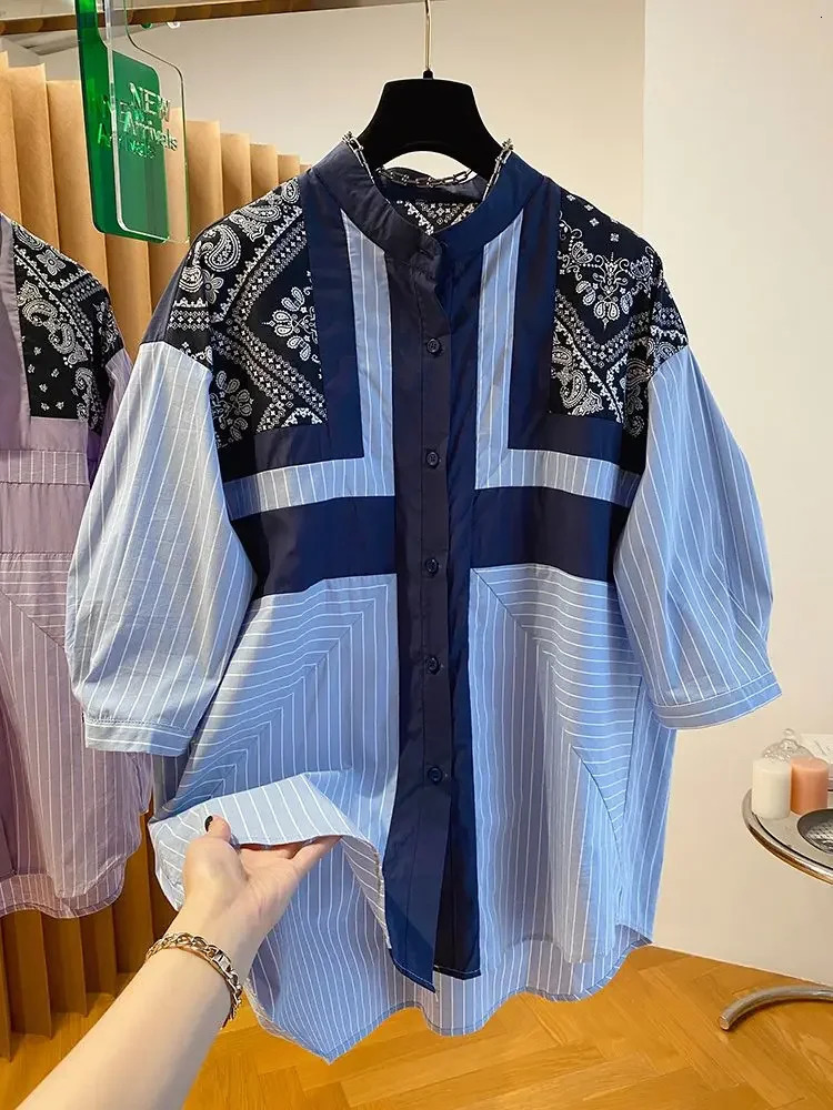 Striped short-sleeved shirt female summer and autumn stitching printed cotton and linen retro plus size loose top 250402