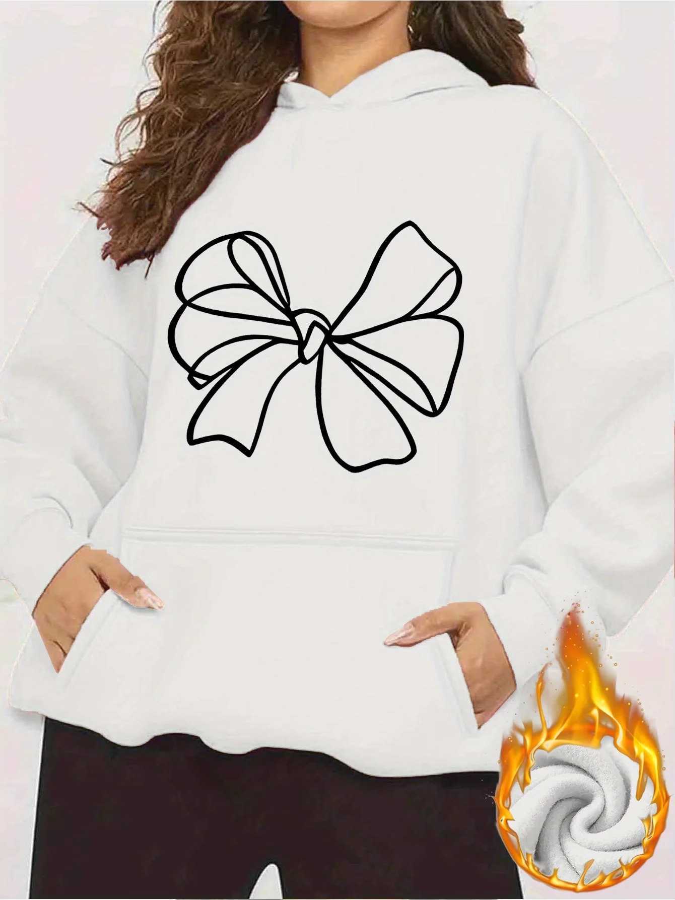 2025 Autumn and Winter Womens Hooded Sweatshirt Soft Pullover Casual Wear Simple Design Line Bow Pattern Fashion Y2K Top RetroT251105