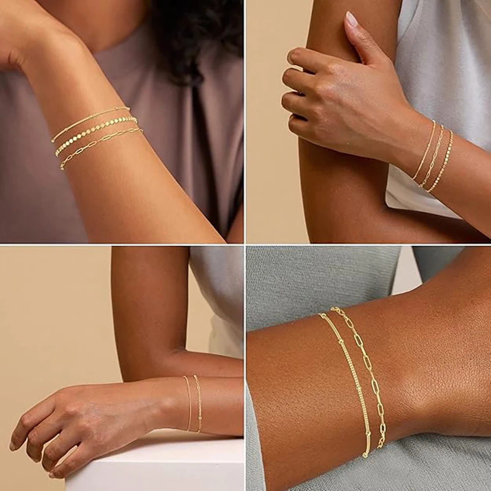 14K Gold Plated Bracelet Set for Women Dainty Stackable Paperclip Beaded Chains Trendy Waterproof Gift 251104