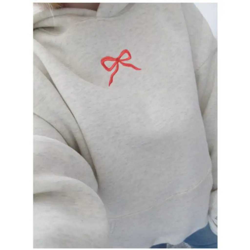 Combhasaki Women Y2K Loose Fit Bow Letter Embroidery Long Sleeve Oversized Hooded Sweatshirts Streetwear Aesthetic Pullover TopsT251105