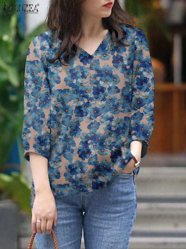 Vintage Party Holiday Blouse ZANZEA Women Bohemian Floral Printed V Neck 3/4 Sleeve Shirt Blusas Spring Casual Loose Tunic Tops 250325