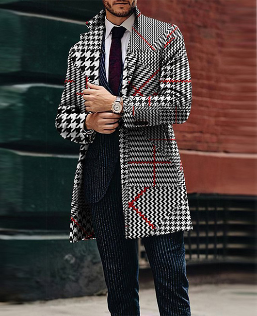 2025 Spring New Mens Casual Printed Woolen Medium to Long Coat Mens Woolen Coat Mens Woolen Coat Mens