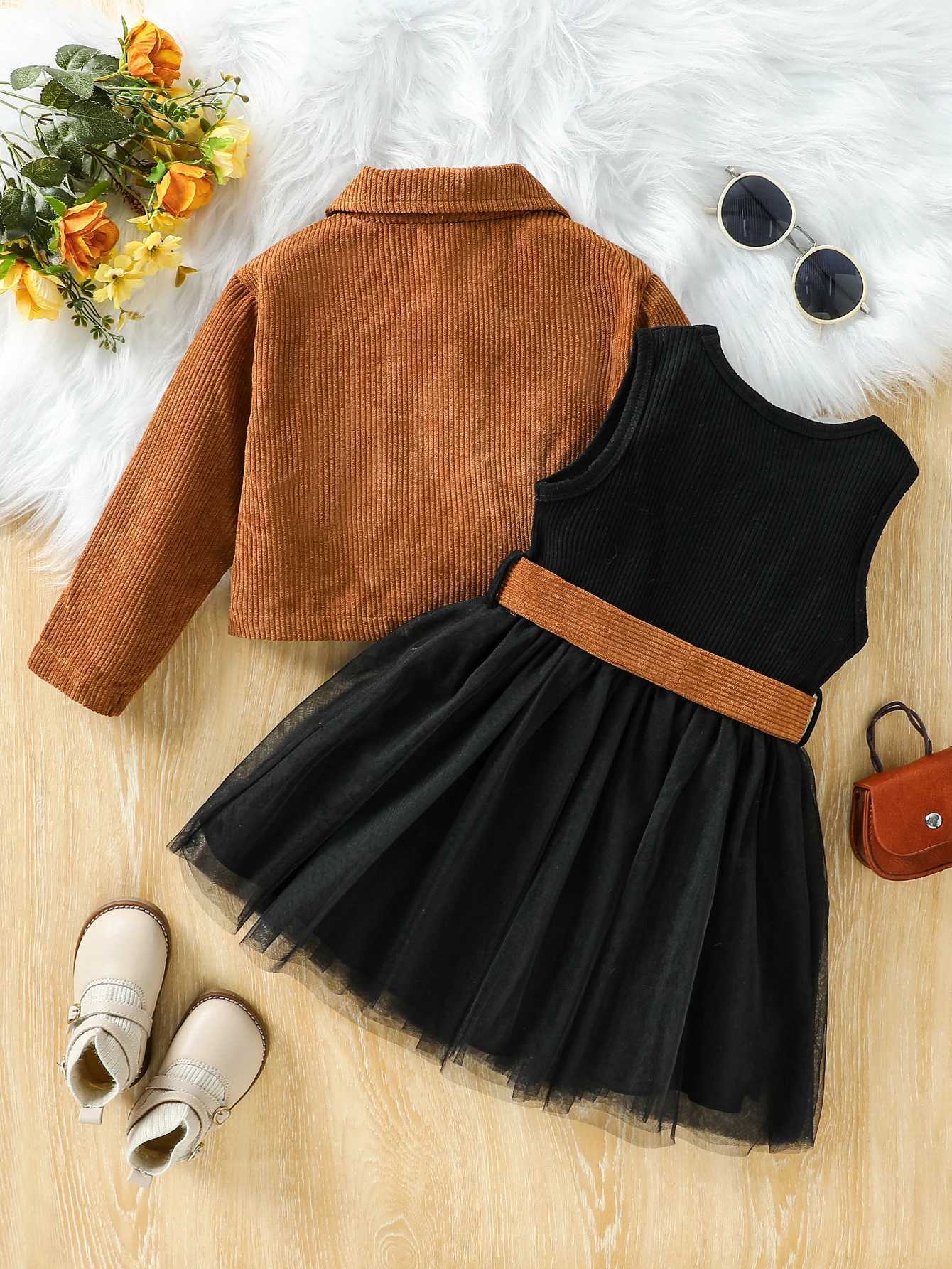 Kids Girls Fall/Winter Outfit Set Dress With Long Sleeve Solid Jacket Coat Children Clothes For 1-6Y Active Suit Y251105