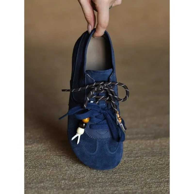 Lace-up Single Shoes Autumn New Round Toe Deep Mouth Spld Suede Soft Sole Non-Slip Flats Y251105