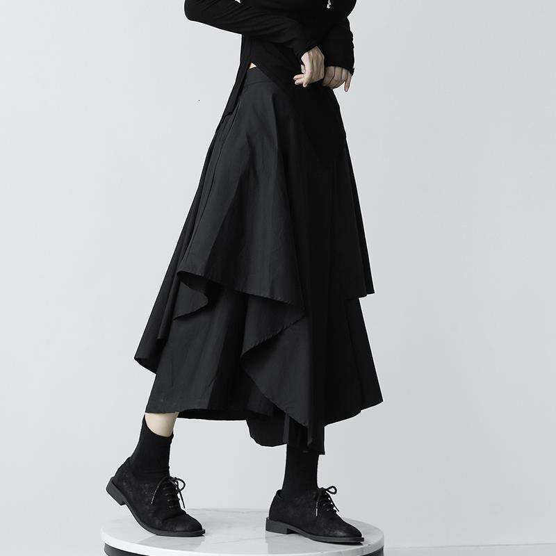Irregular Half Women A-Line High Waist Flared Mermaid Ins Super Popular Black Japanese Style Spring Autumn Skirt Pants B5