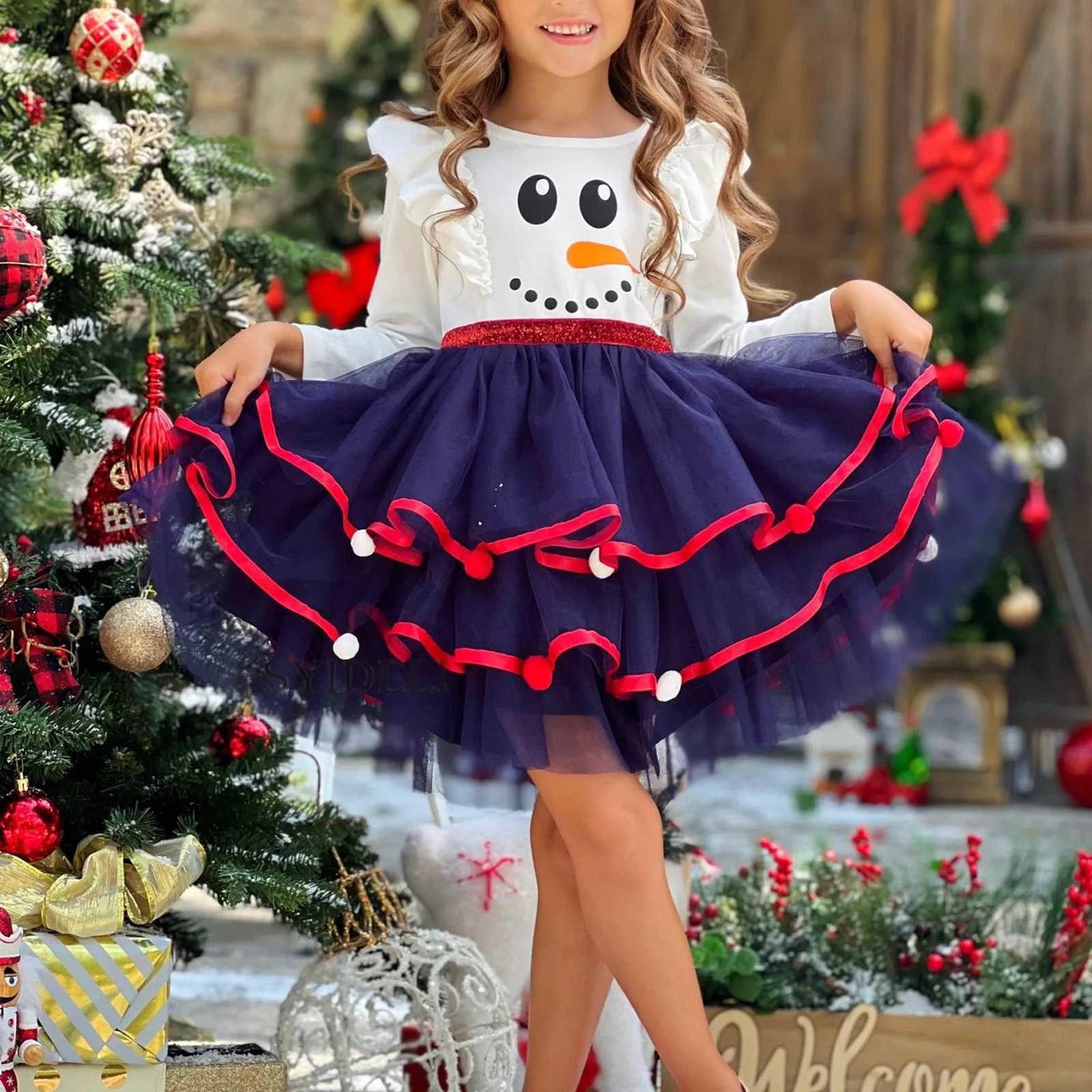 New Christmas Kids Dress Full Sleeve Cartoon Cute Ruffles Sequin Dresses Xmas Tree Printed Gift For Girls Princess Party Clothes C251105