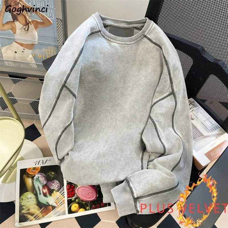 Grey Hoodies Women Plus Velvet Striped Baggy Retro Korean Fashion High Street All-match Coats Cool Hip Hop Thicker Couples NewlyT251105