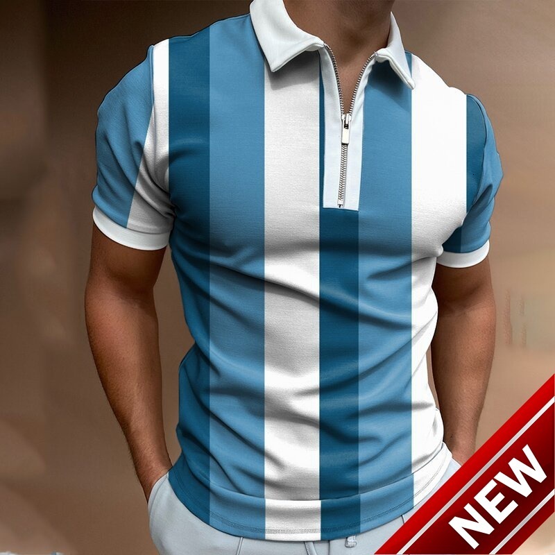 Mens Spring New Mens Casual 3D Printed Collar Short Sleeve Zipper Polo Mens T-shirt Top