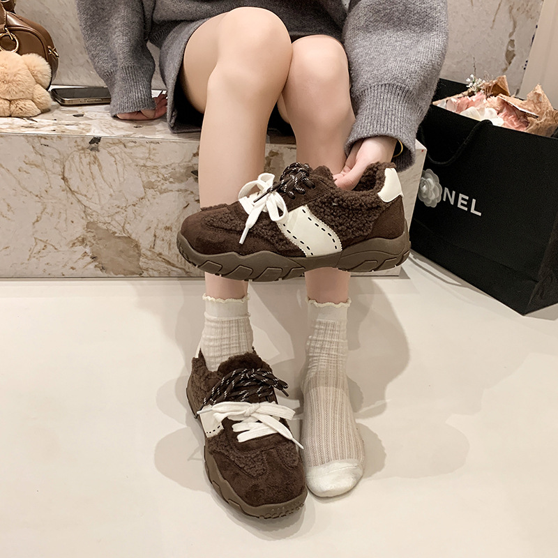 Retro mandarin duck lace-up thick-soled German training shoes women's fashion and versatile fleece warm casual Forrest Gump shoes 2025