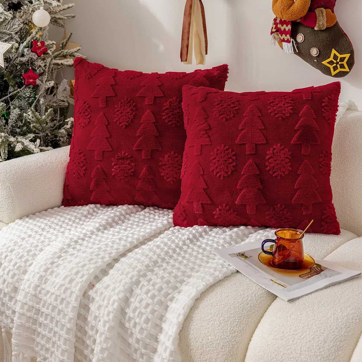 Christmas Snowflake Tree Pillowcase Solid-Color Red Pink White Plush Christmas Throw Pillow Cushion Cover 30x50/45x45/50x50cm Y251105