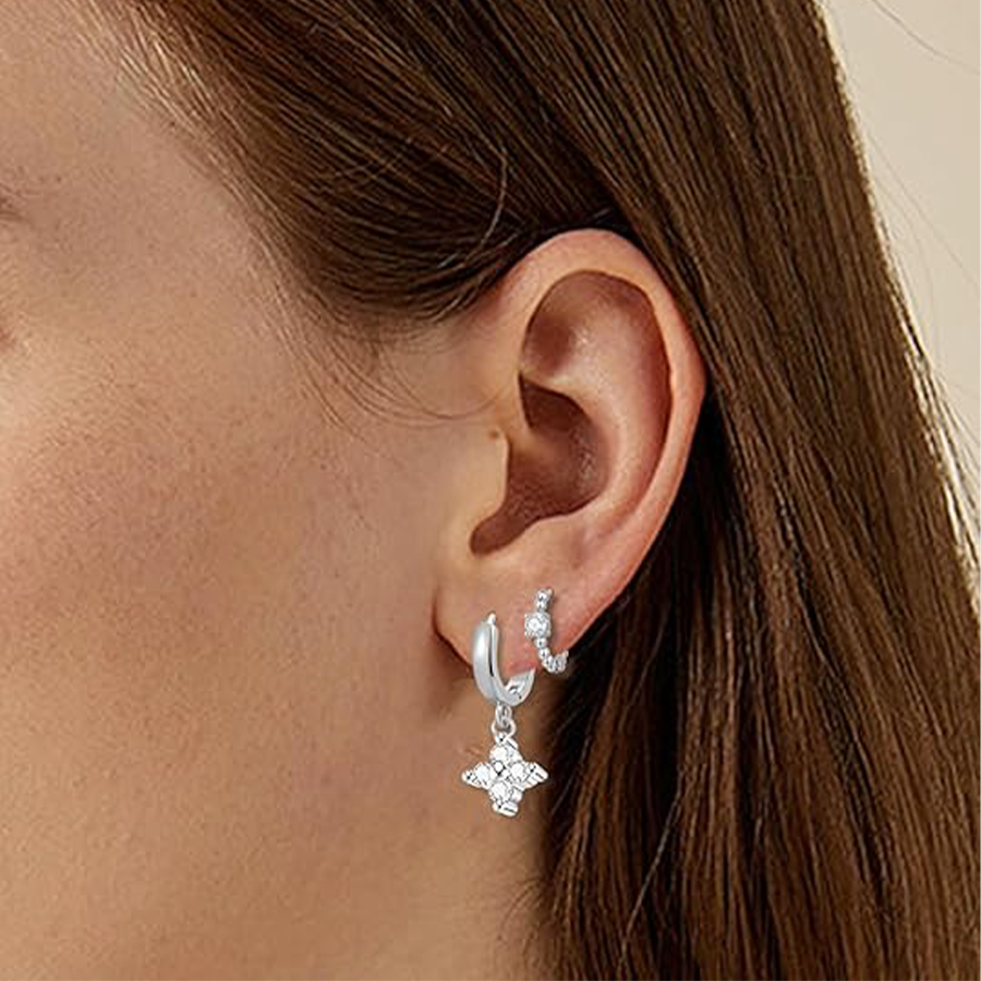 Huggie Hoop Earrings Silver Plated Small Dangle Hoop Earrings Heart Pearl Star Flower CZ Cartilage Earring Sets for Multiple Piercing Stacks Stud Hoop