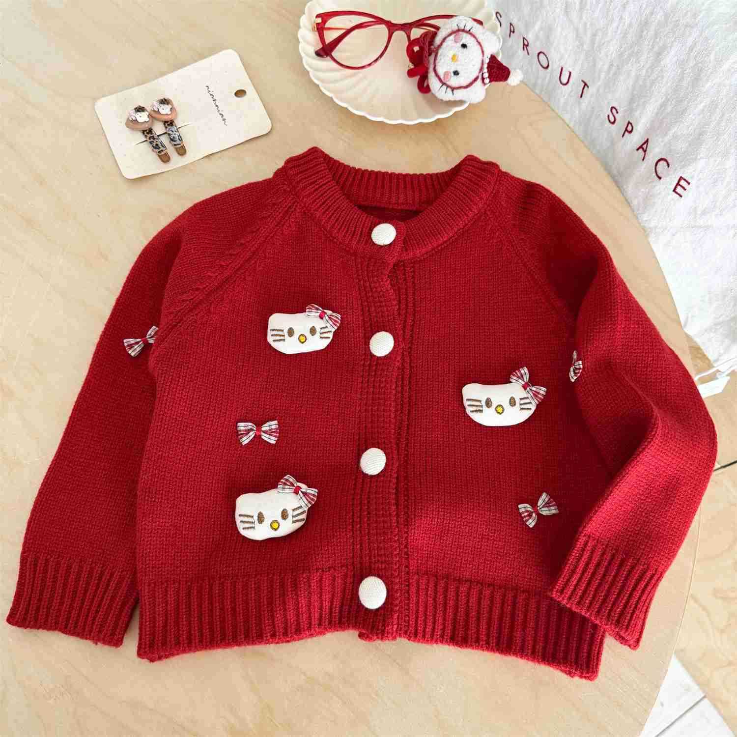 Sanrio Cream Cardigan 2025 Autumn Winter New 3D KT Cat Sweatshirt Girls Knitted Cardigan Girls Jacket Trendy H251105